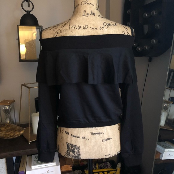 Blue Blush Ruffle Cropped Off The Shoulder Sweater - Picture 2 of 7